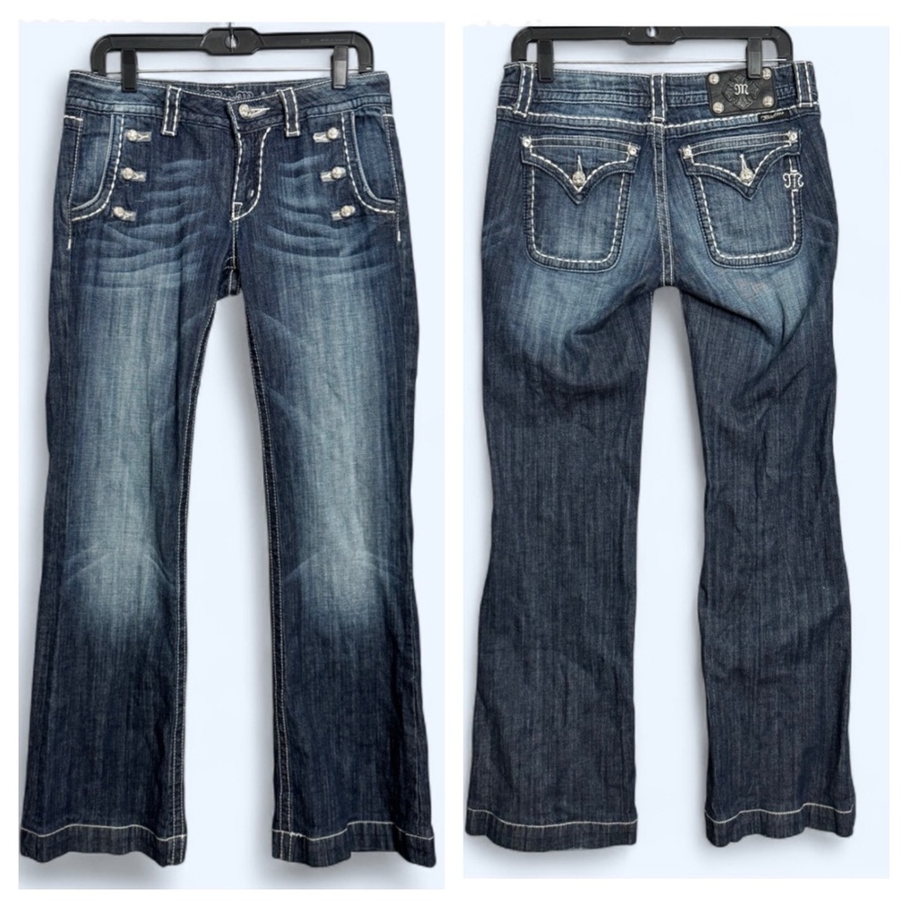Miss Me JP55148 Wide Leg Jeans Size 29 Dark Wash Bling Y2K Boho Flare Denim‎ Low